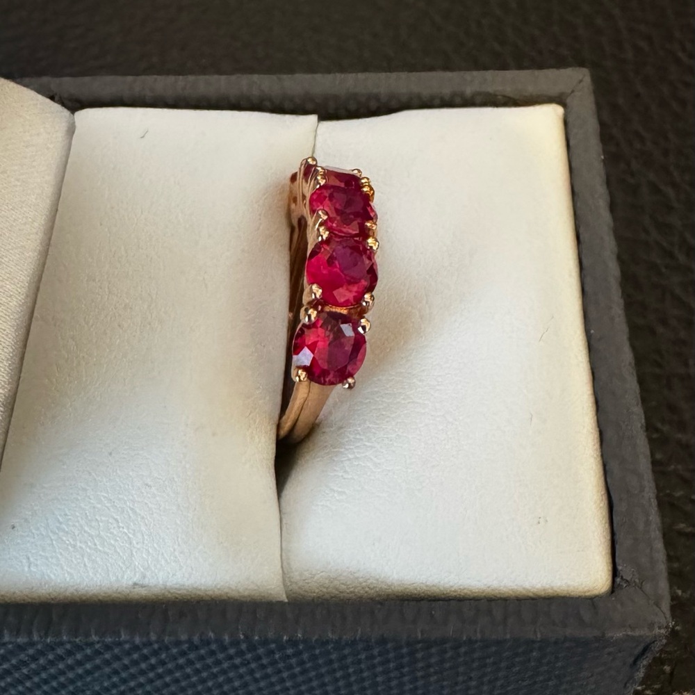Round lab created pink sapphire 18K rose gold over sterling. Size 5.